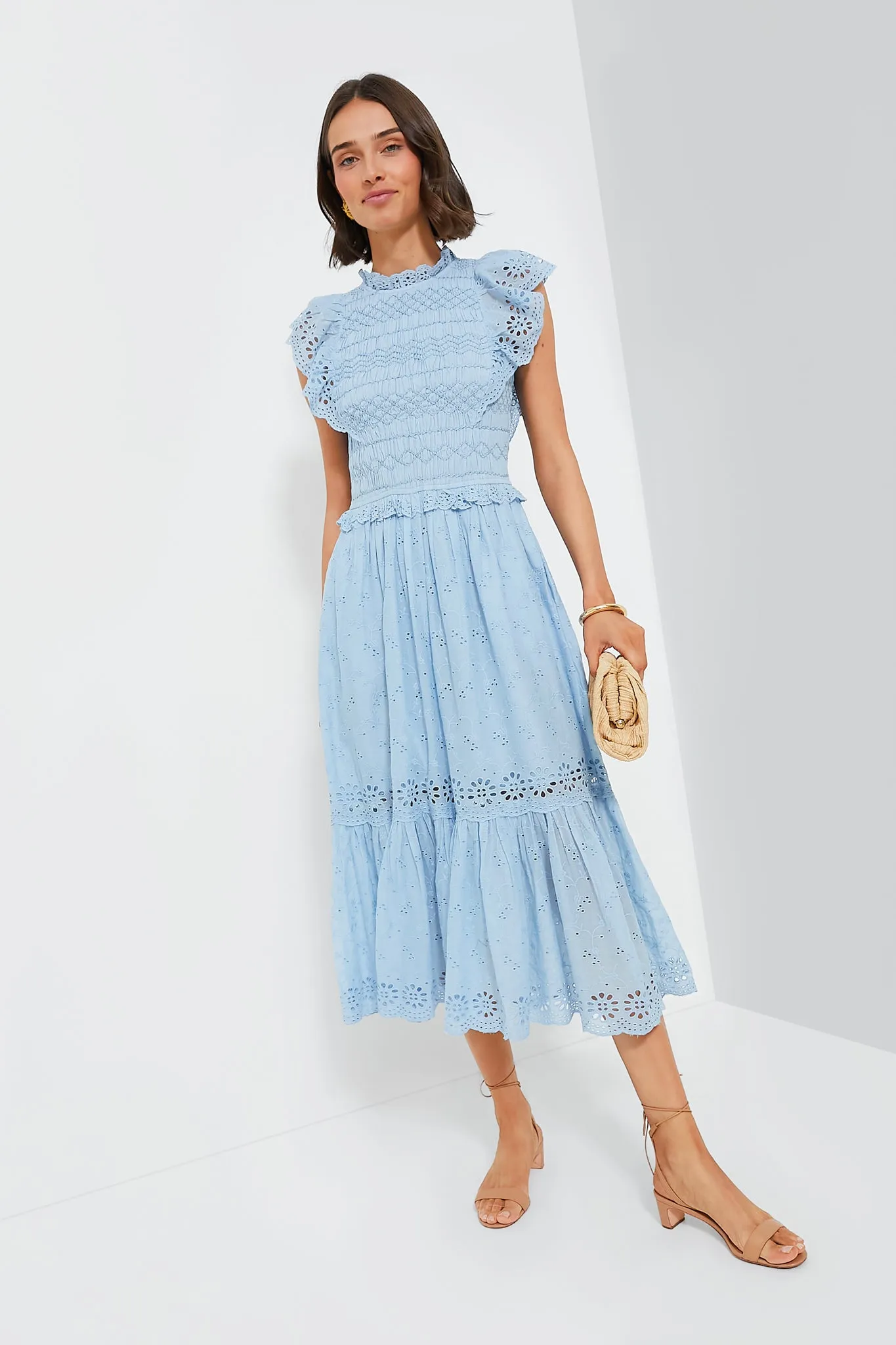 Sky Veronique Embroidery Flutter Sleeve Dress