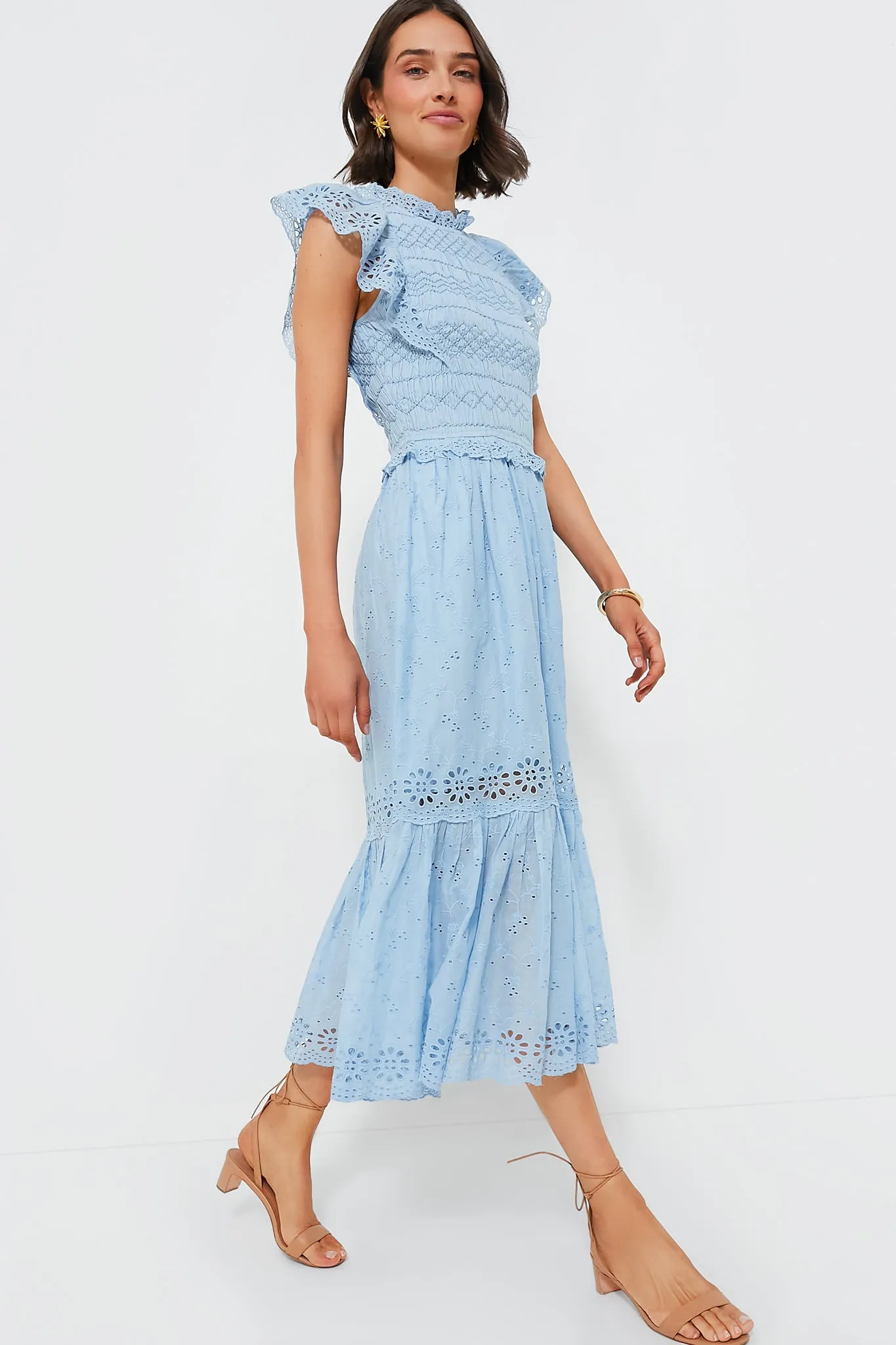 Sky Veronique Embroidery Flutter Sleeve Dress
