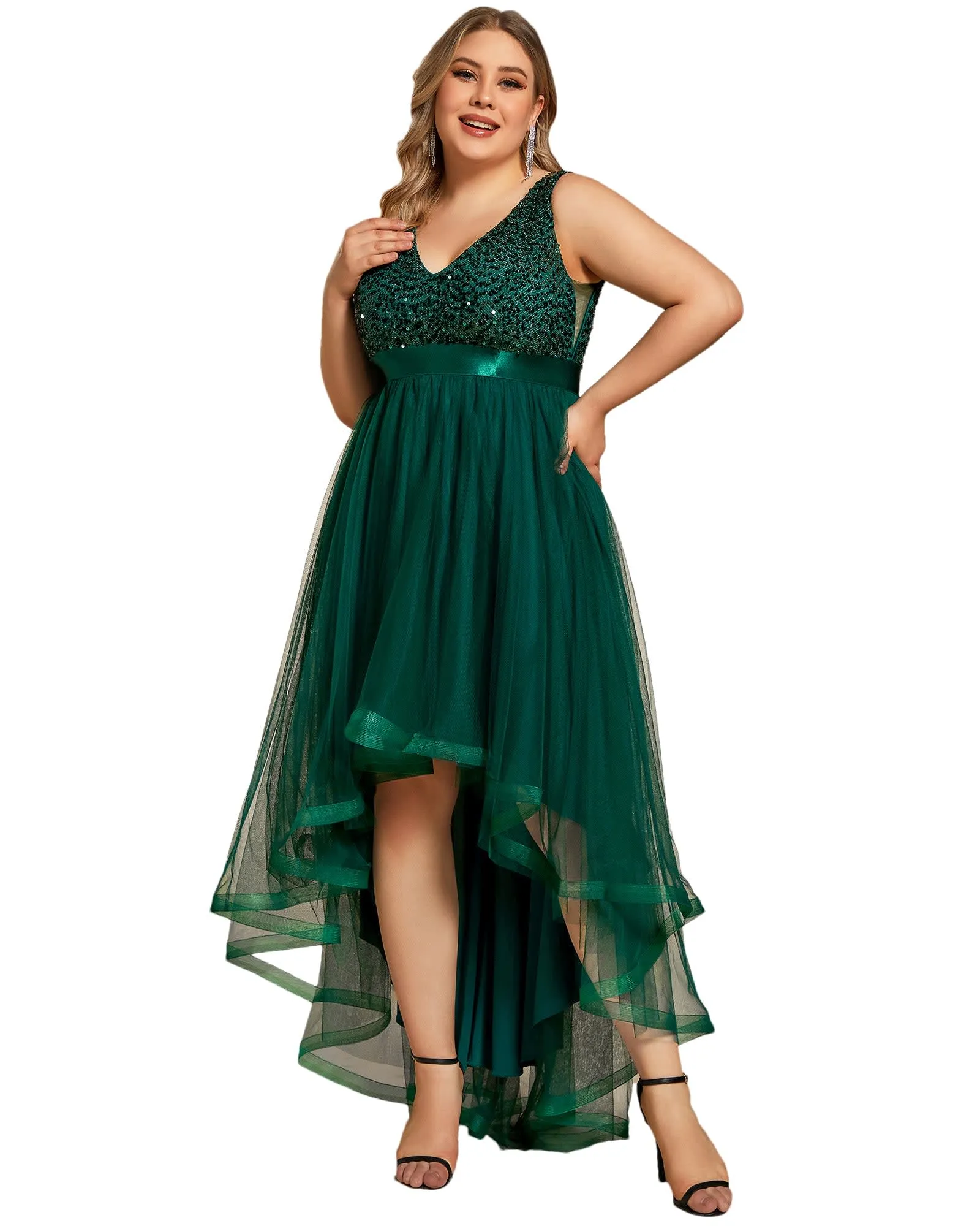 Sleeveless Sequin Ribbon Waist Tulle High Low Evening Dress | Dark Green
