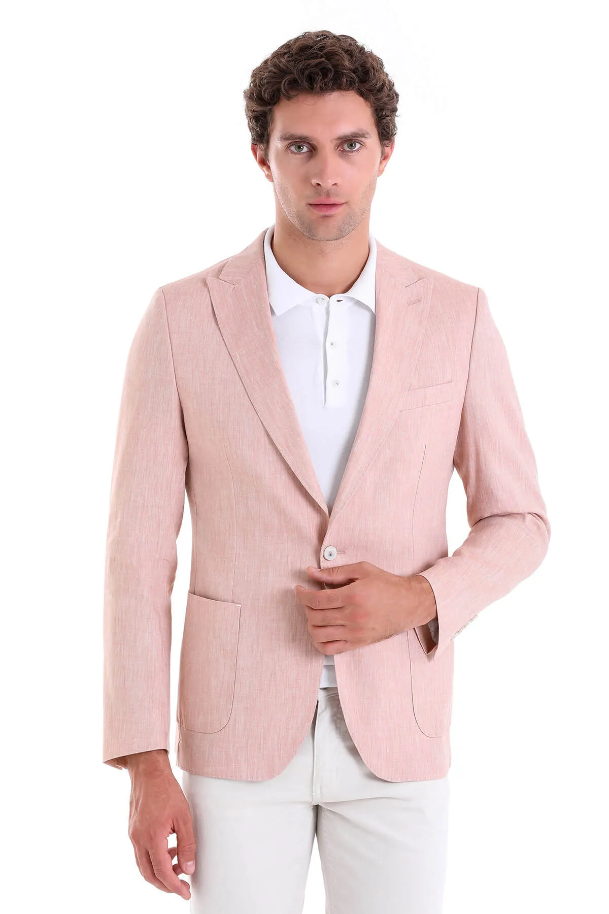 Slim Fit Brick Peak Lapel Linen Casual Blazer