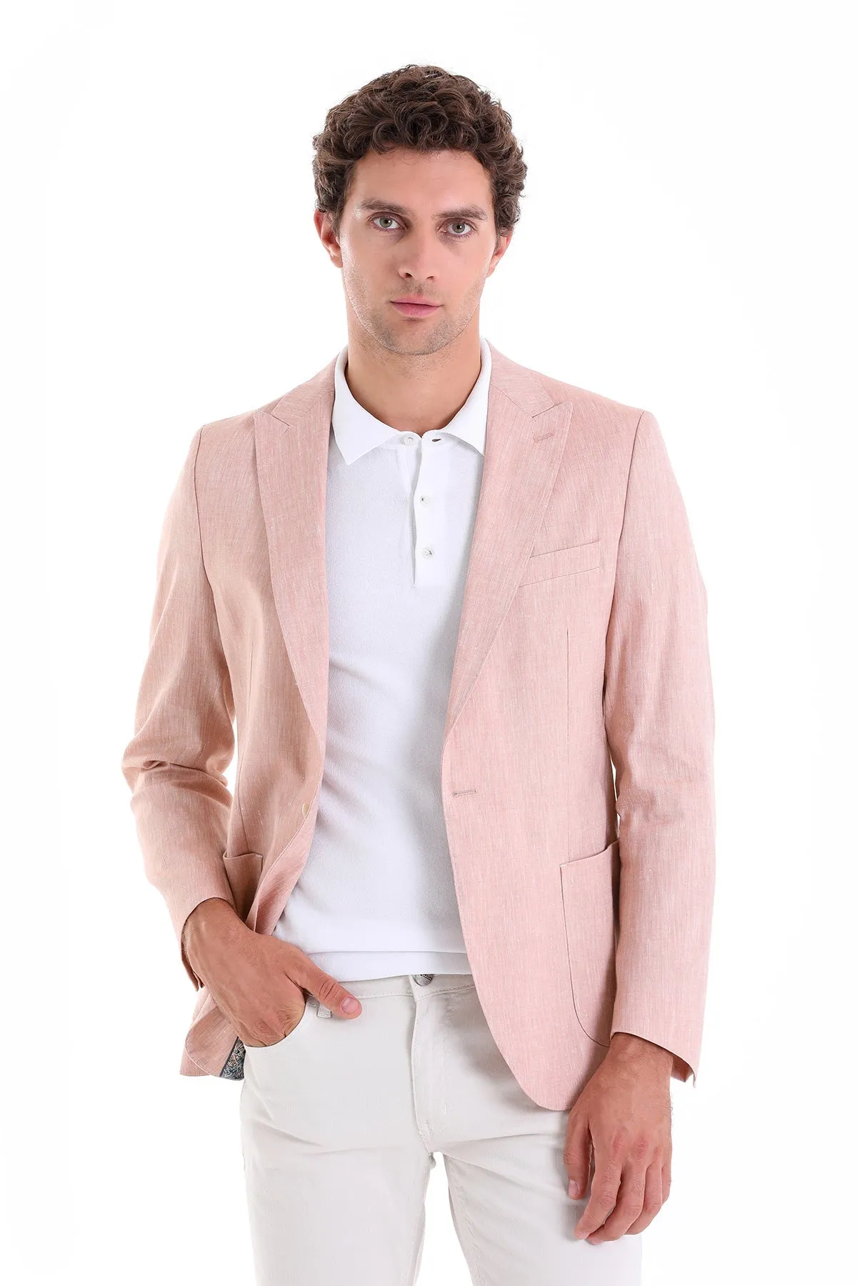 Slim Fit Brick Peak Lapel Linen Casual Blazer