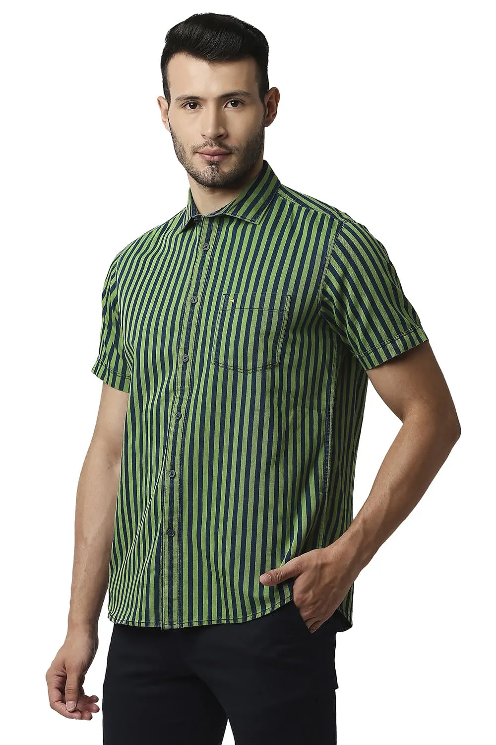 Slim Fit Indigo Stripe Halfsleeves Shirt