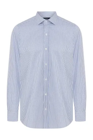 Slim Fit Long Sleeve Striped Cotton Blue Dress Shirt
