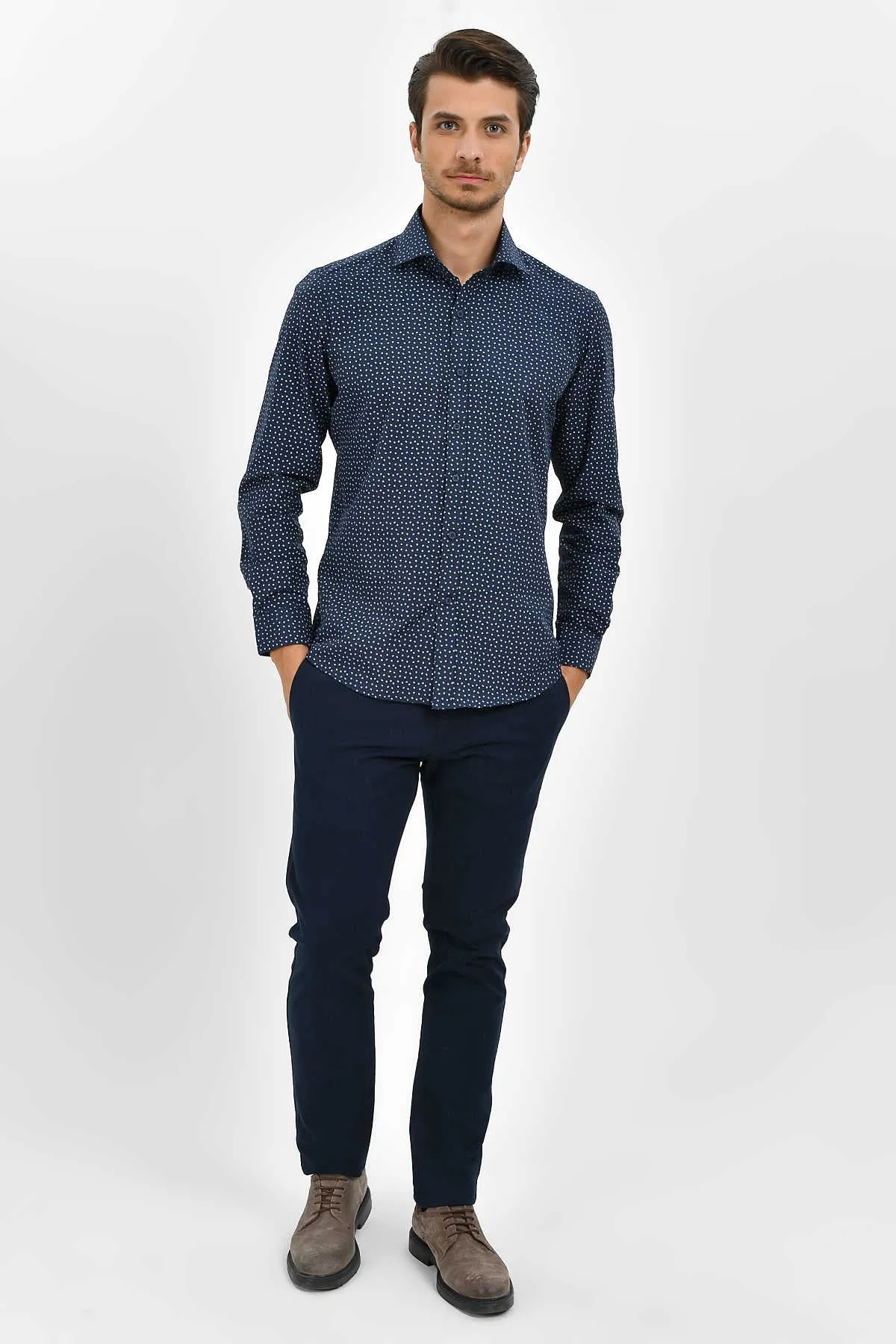 Slim Fit Printed 100% Cotton Blend Navy Dress Shirt