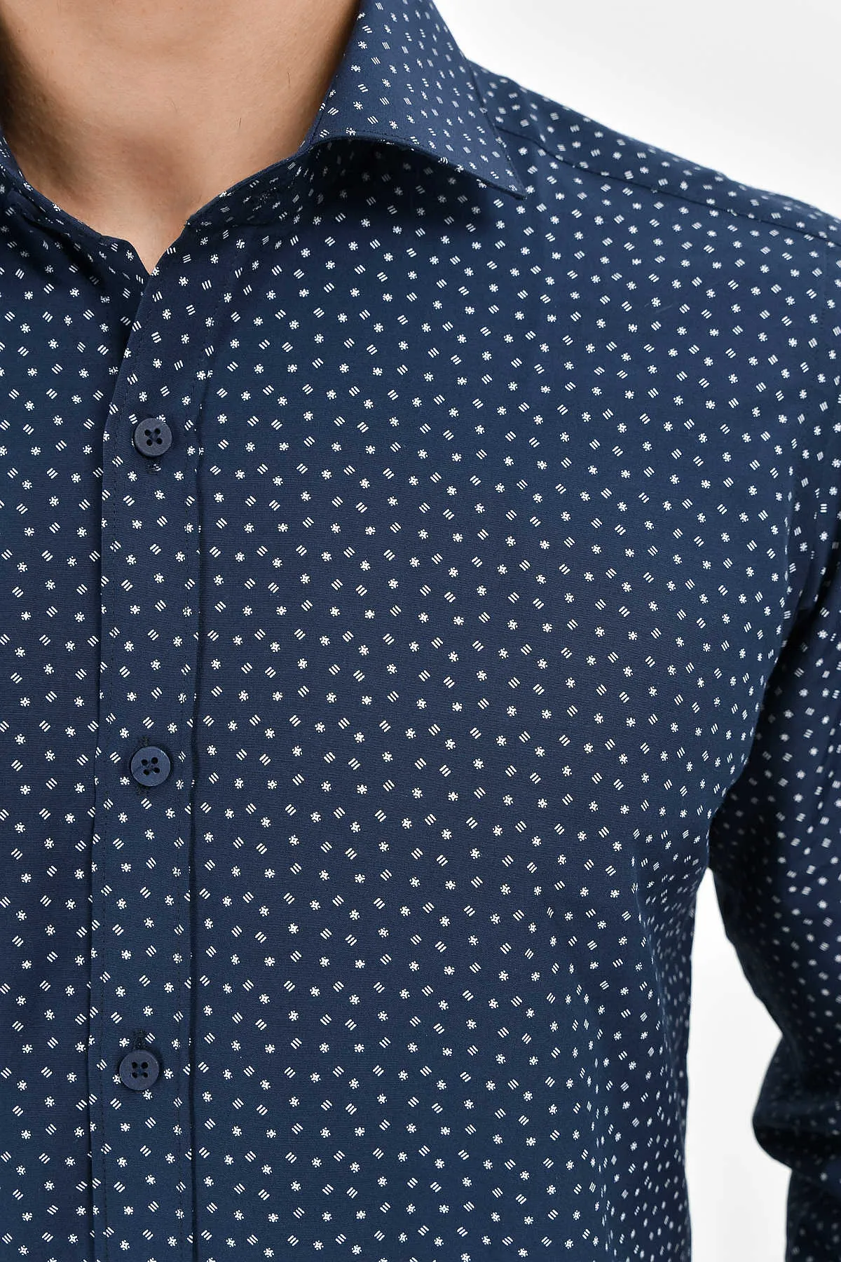 Slim Fit Printed 100% Cotton Blend Navy Dress Shirt