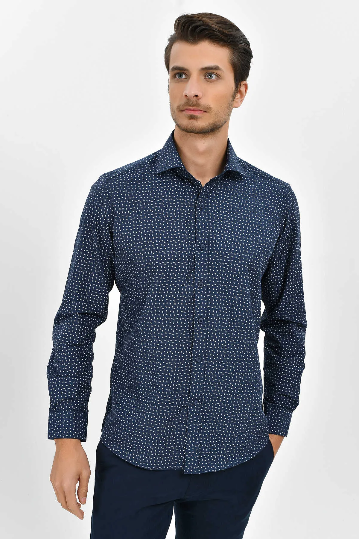 Slim Fit Printed 100% Cotton Blend Navy Dress Shirt
