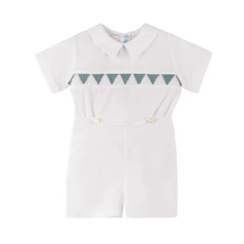 Smocked Southern Belle Bobby Suit - White/Vintage Blue