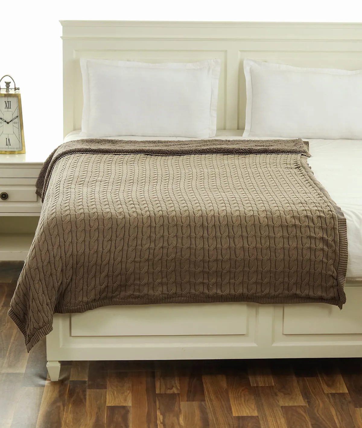Snake Cable Cotton Knitted Single Bed Sherpa Blanket (Warm Grey)