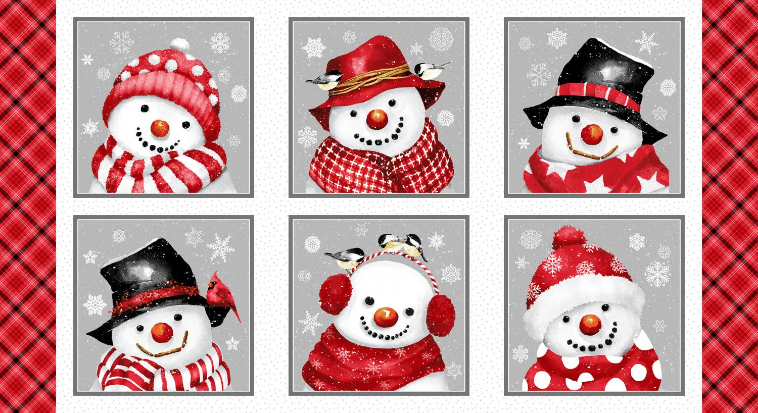 Snow Crew | Red / Gray 24" Snowmen Block Panel by Barb Tourtillotte for Henry Glass | 1284-89