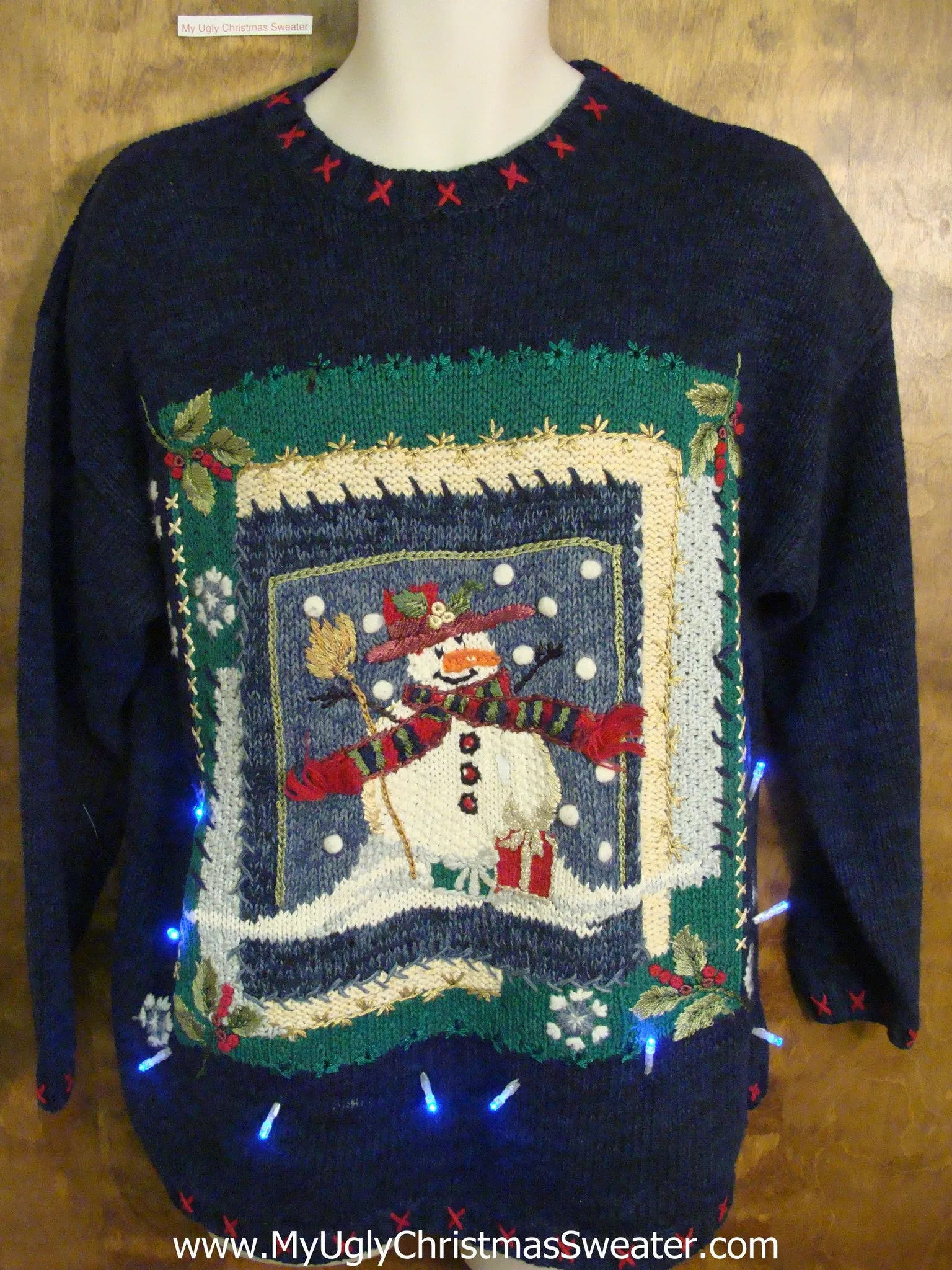 Snowman in a Frame Light Up Ugly Xmas Sweater