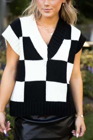 Sofia Checkered Knit Vest in Black