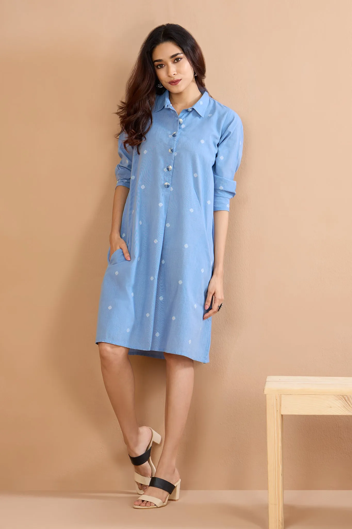 Soft Blue Cotton Tunic Shirt Dress