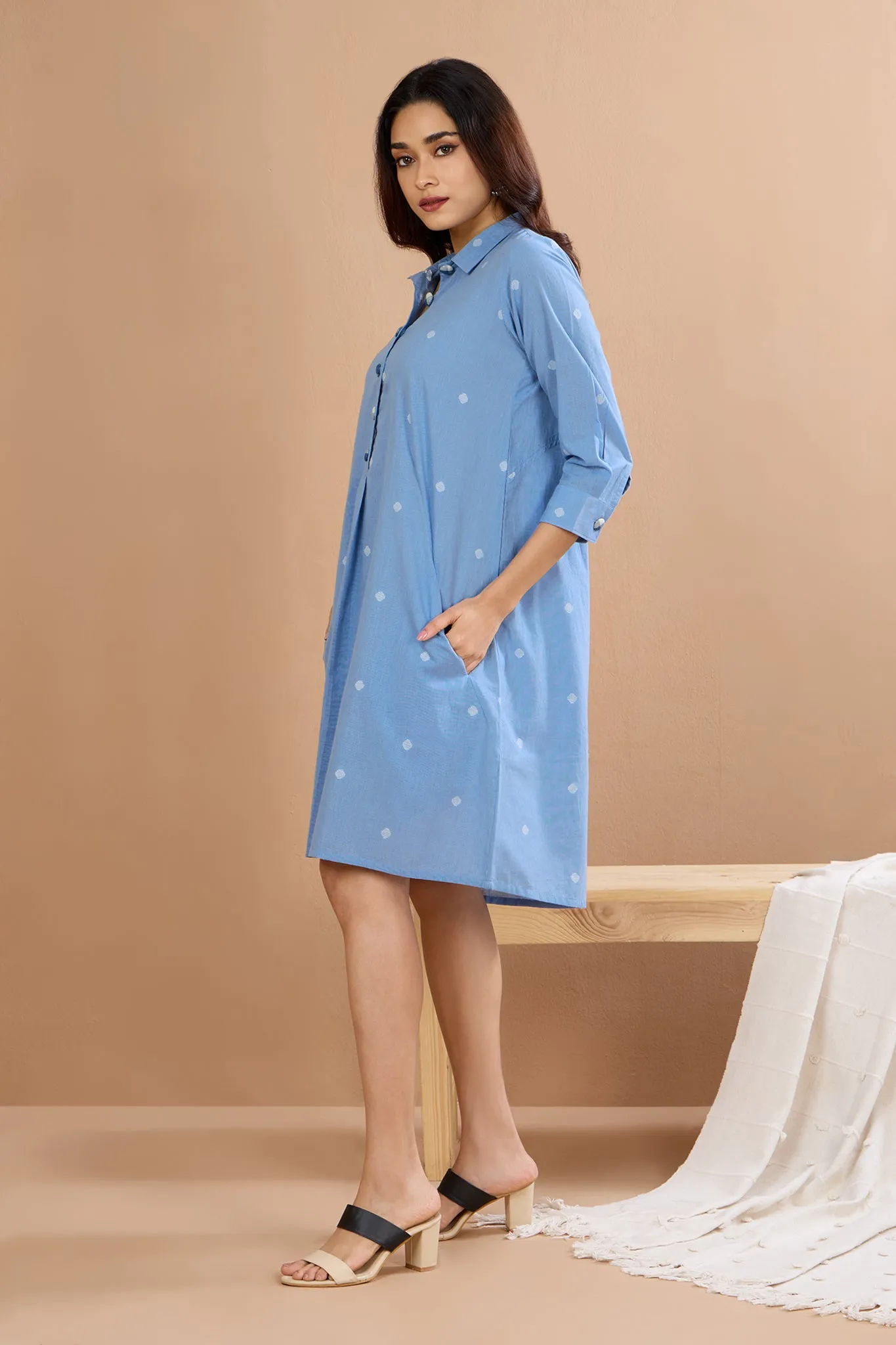 Soft Blue Cotton Tunic Shirt Dress