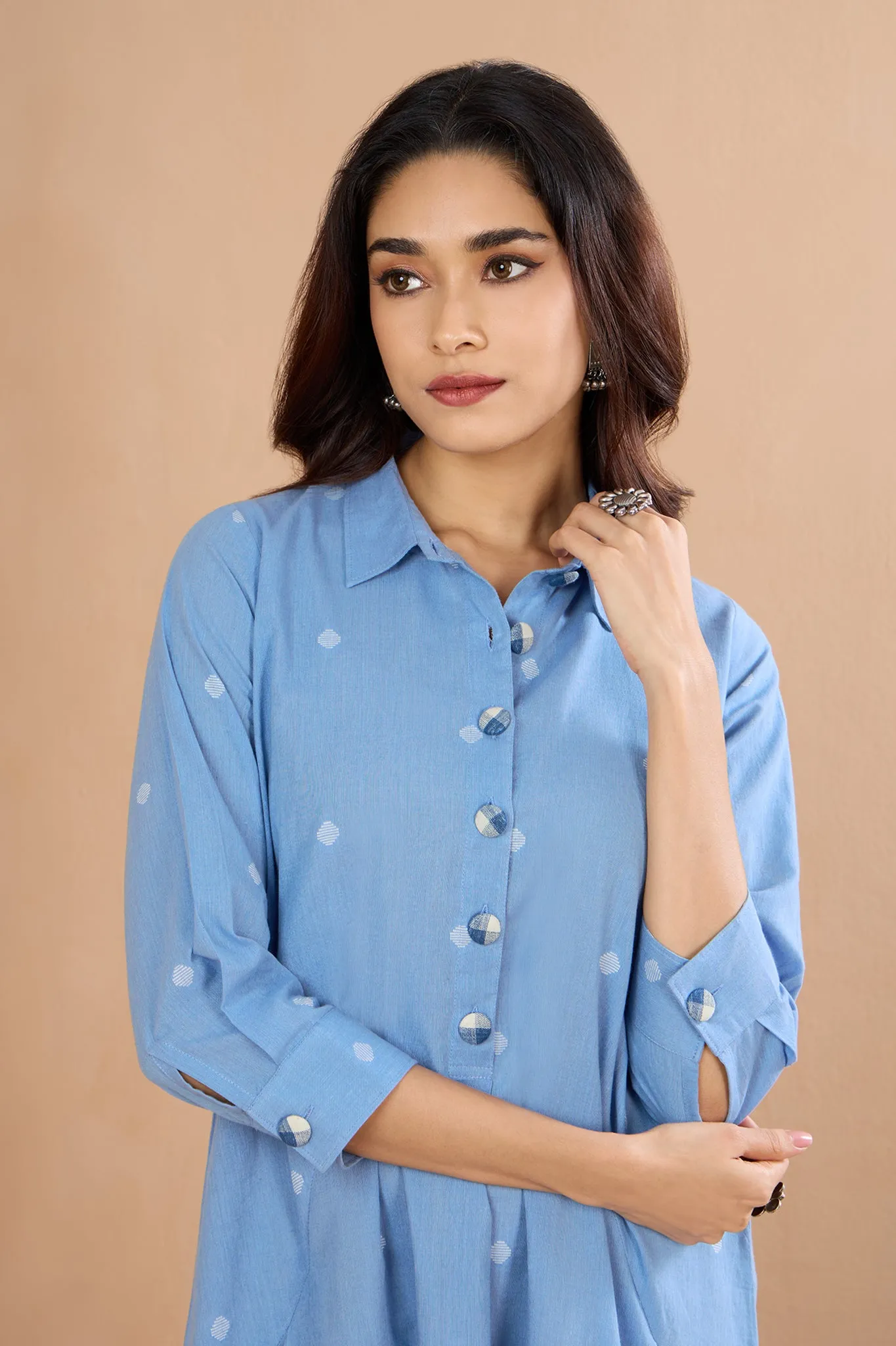 Soft Blue Cotton Tunic Shirt Dress