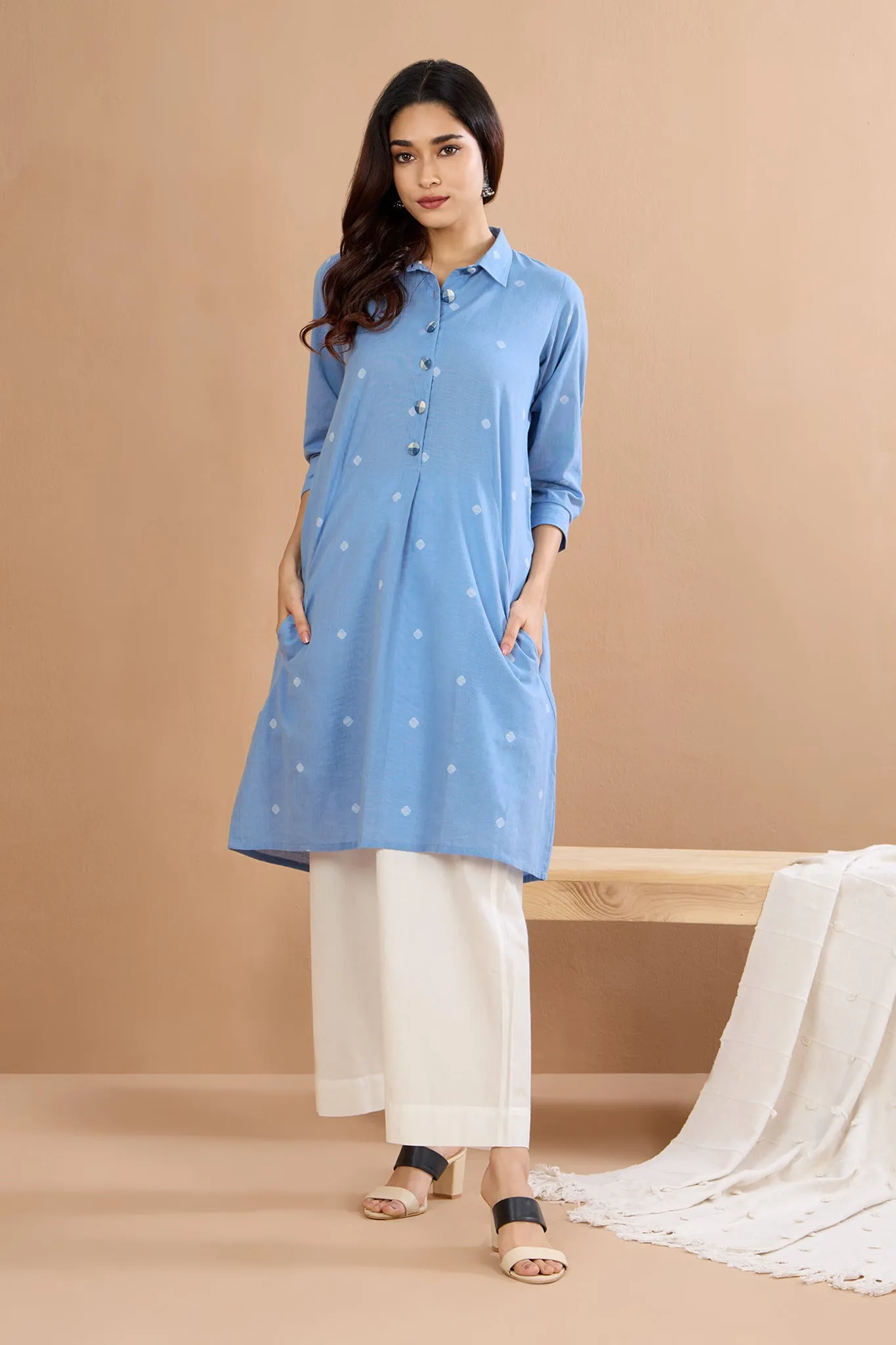 Soft Blue Cotton Tunic Shirt Dress
