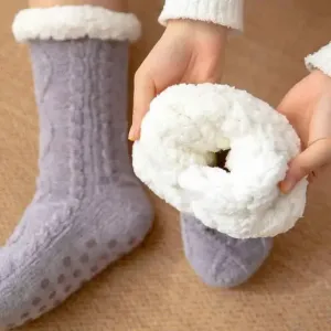 Sohiwoo Thickened Winter Woven Thermal Cashmere Socks Floor Socks Women's Carpet Home Plus Velvet Sleep Socks Slippers Leg Cover