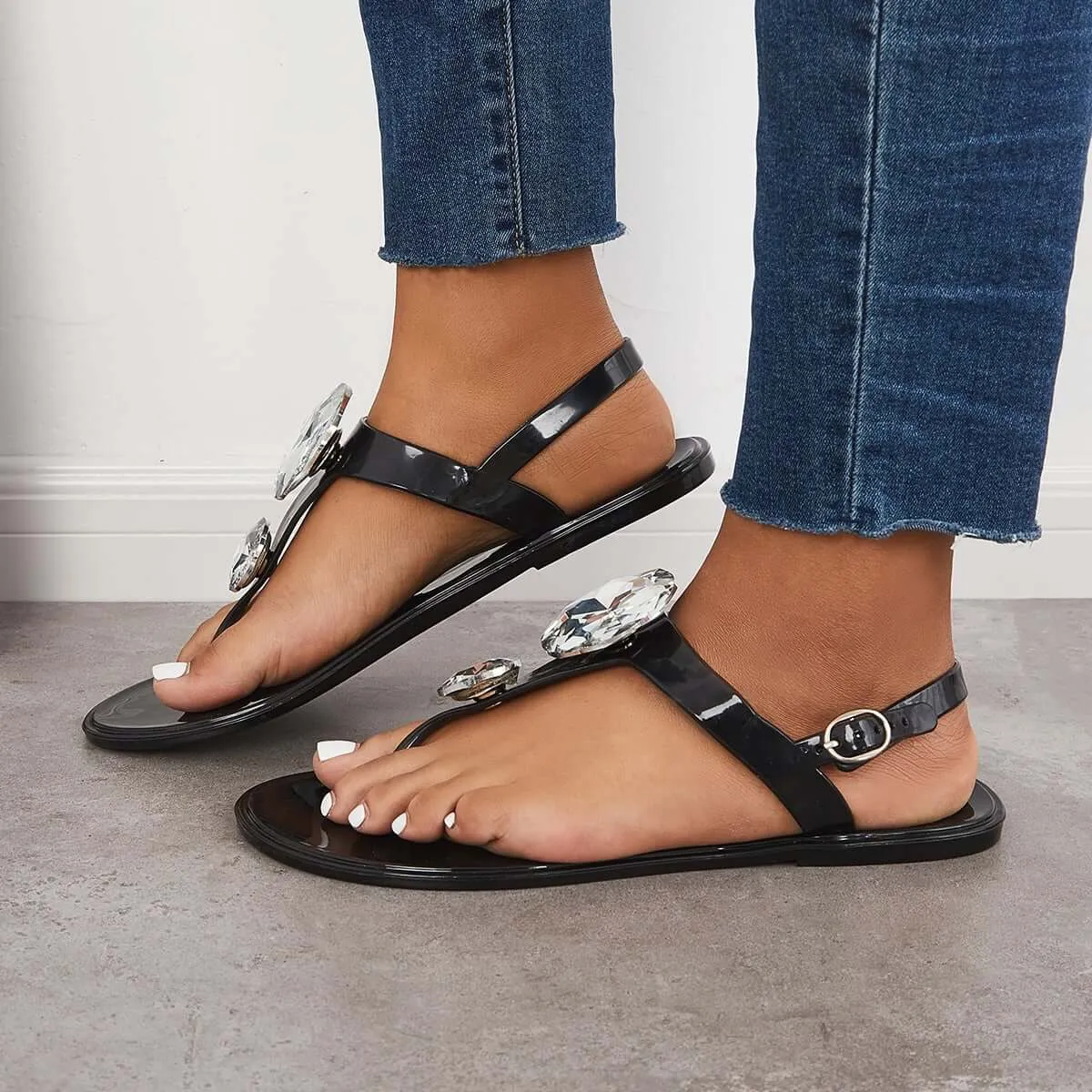 Sohiwoo  Women Handmade Rhinestone Gladiator Flats Flip Flops Sandals