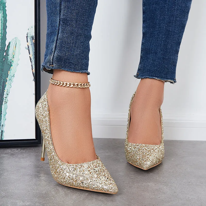 Sohiwoo  Women Shiny Sequin Stilettos Heels Court Pumps Pointed Toe Dress Shoes