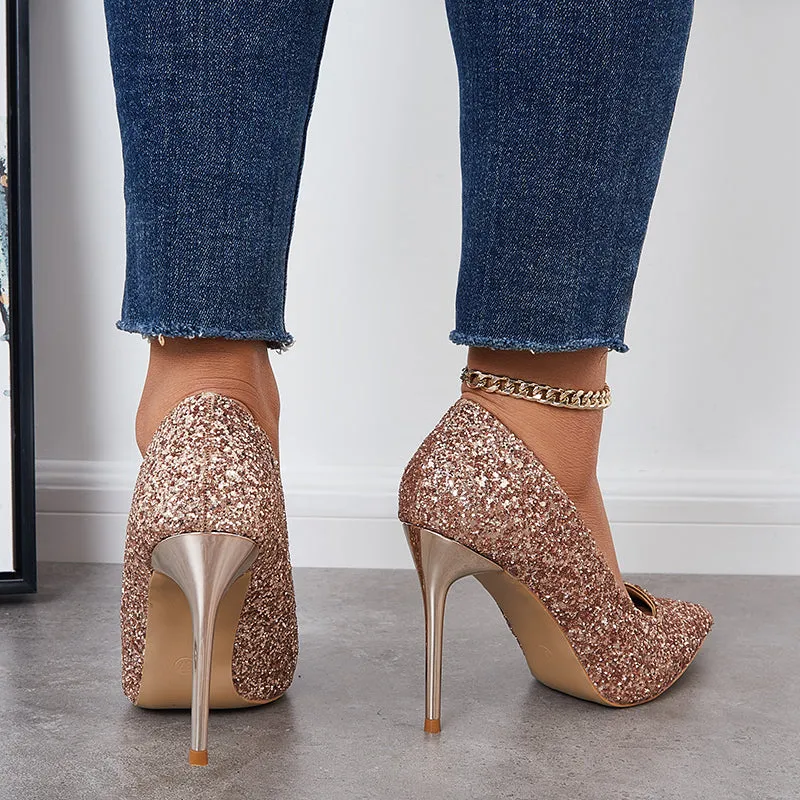 Sohiwoo  Women Shiny Sequin Stilettos Heels Court Pumps Pointed Toe Dress Shoes