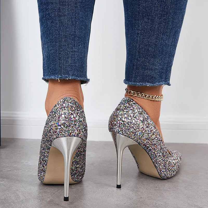 Sohiwoo  Women Shiny Sequin Stilettos Heels Court Pumps Pointed Toe Dress Shoes