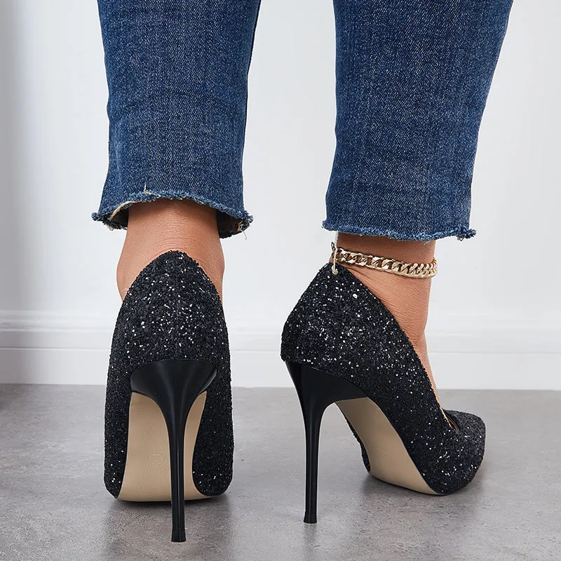 Sohiwoo  Women Shiny Sequin Stilettos Heels Court Pumps Pointed Toe Dress Shoes