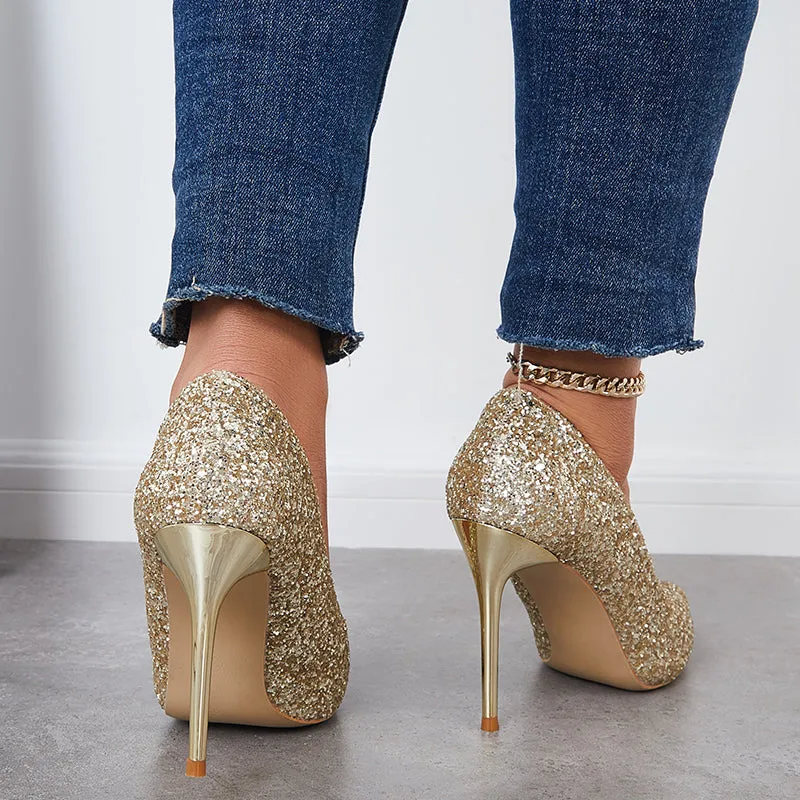 Sohiwoo  Women Shiny Sequin Stilettos Heels Court Pumps Pointed Toe Dress Shoes