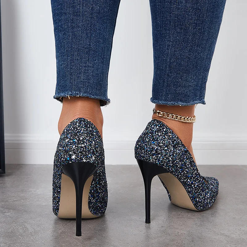 Sohiwoo  Women Shiny Sequin Stilettos Heels Court Pumps Pointed Toe Dress Shoes