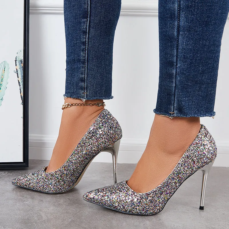 Sohiwoo  Women Shiny Sequin Stilettos Heels Court Pumps Pointed Toe Dress Shoes