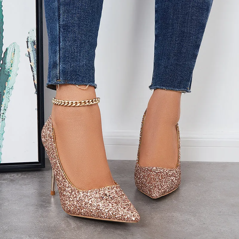 Sohiwoo  Women Shiny Sequin Stilettos Heels Court Pumps Pointed Toe Dress Shoes