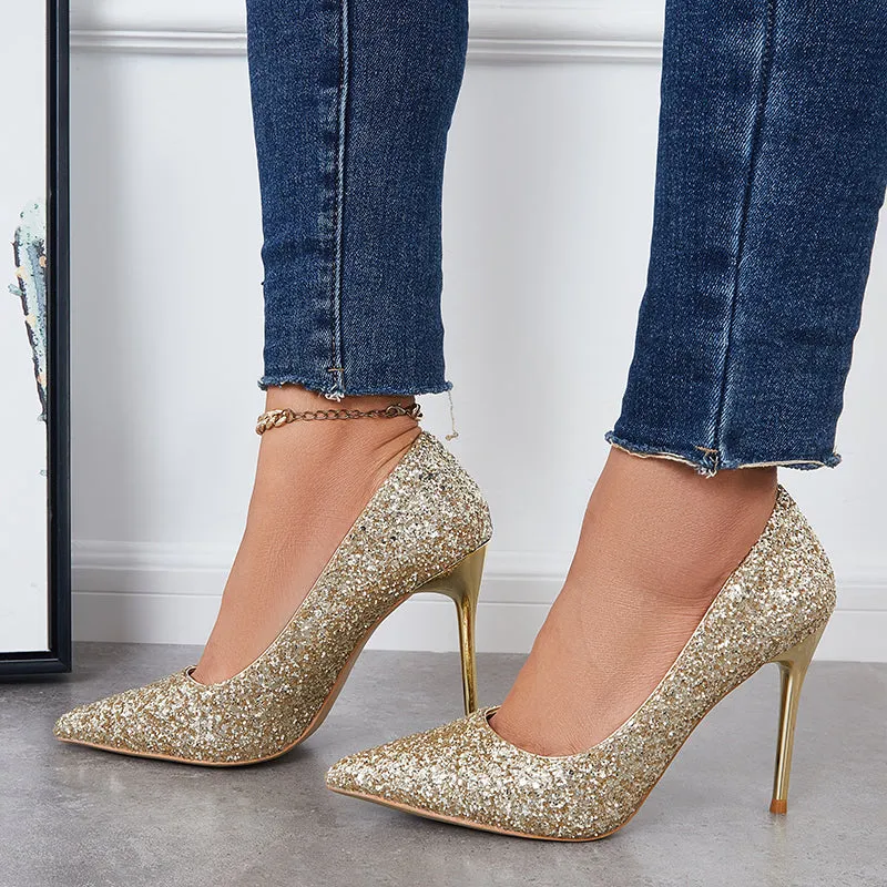 Sohiwoo  Women Shiny Sequin Stilettos Heels Court Pumps Pointed Toe Dress Shoes