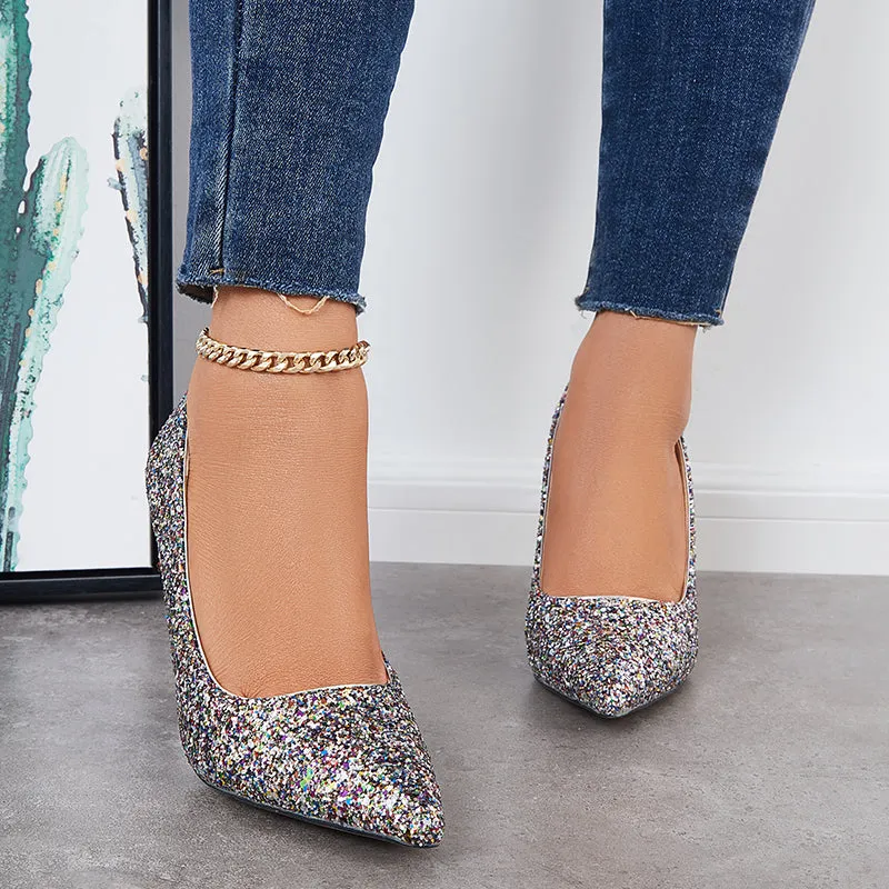 Sohiwoo  Women Shiny Sequin Stilettos Heels Court Pumps Pointed Toe Dress Shoes