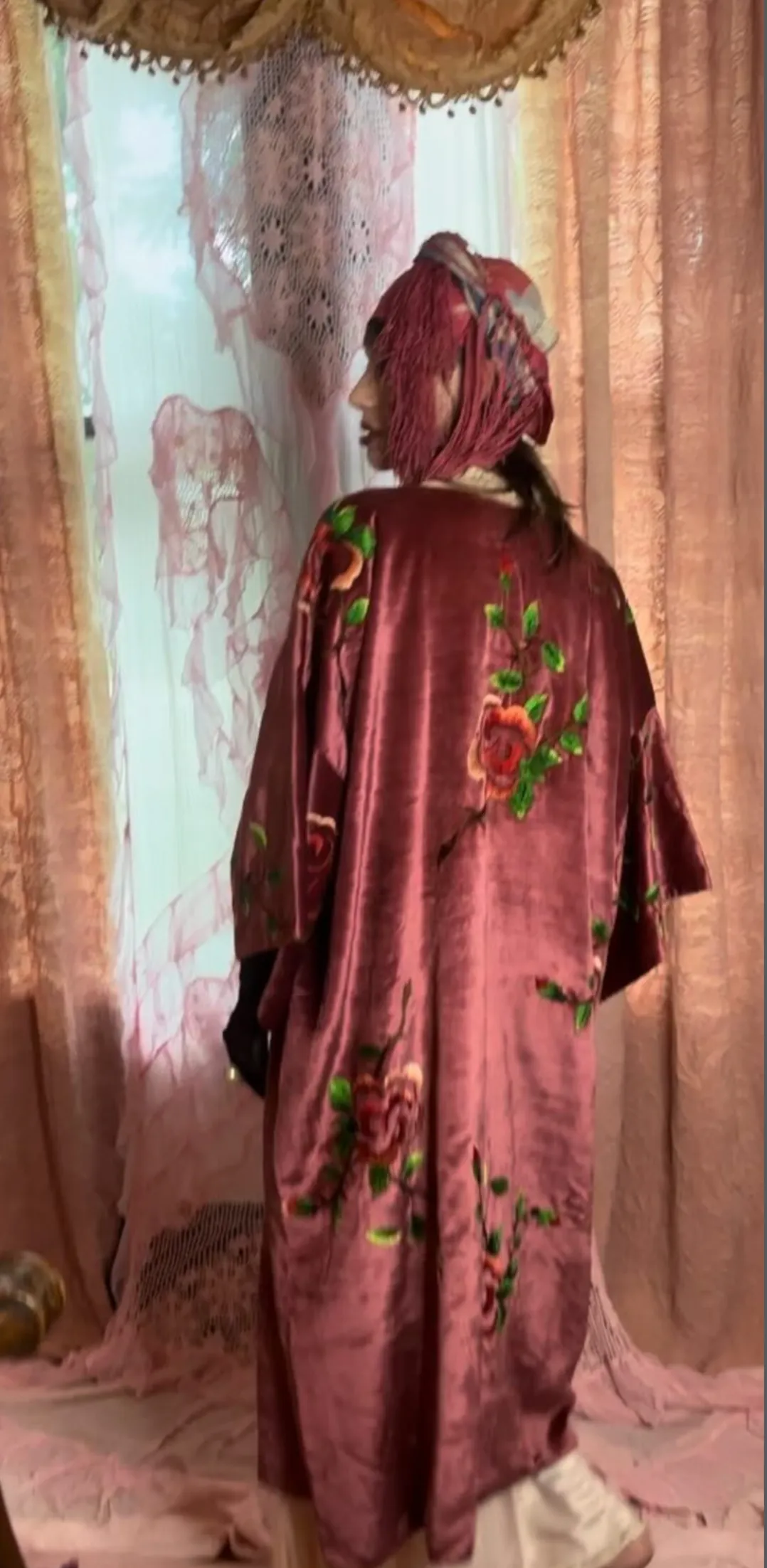 SOLD Hollywood Babylon Rose Panne Velvet Robe Jacket Art Nouveau Embroidered with Matching Belt