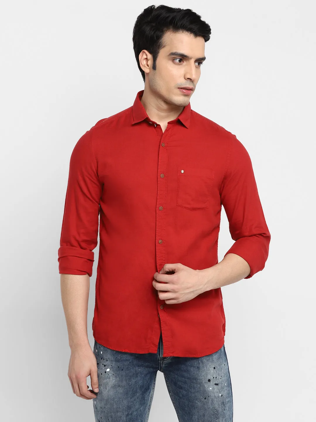 Solid Red Slim Fit Casual Shirt For Men