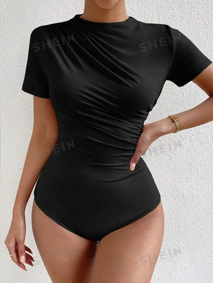 Solid ruched slim fit tee bodysuit in black