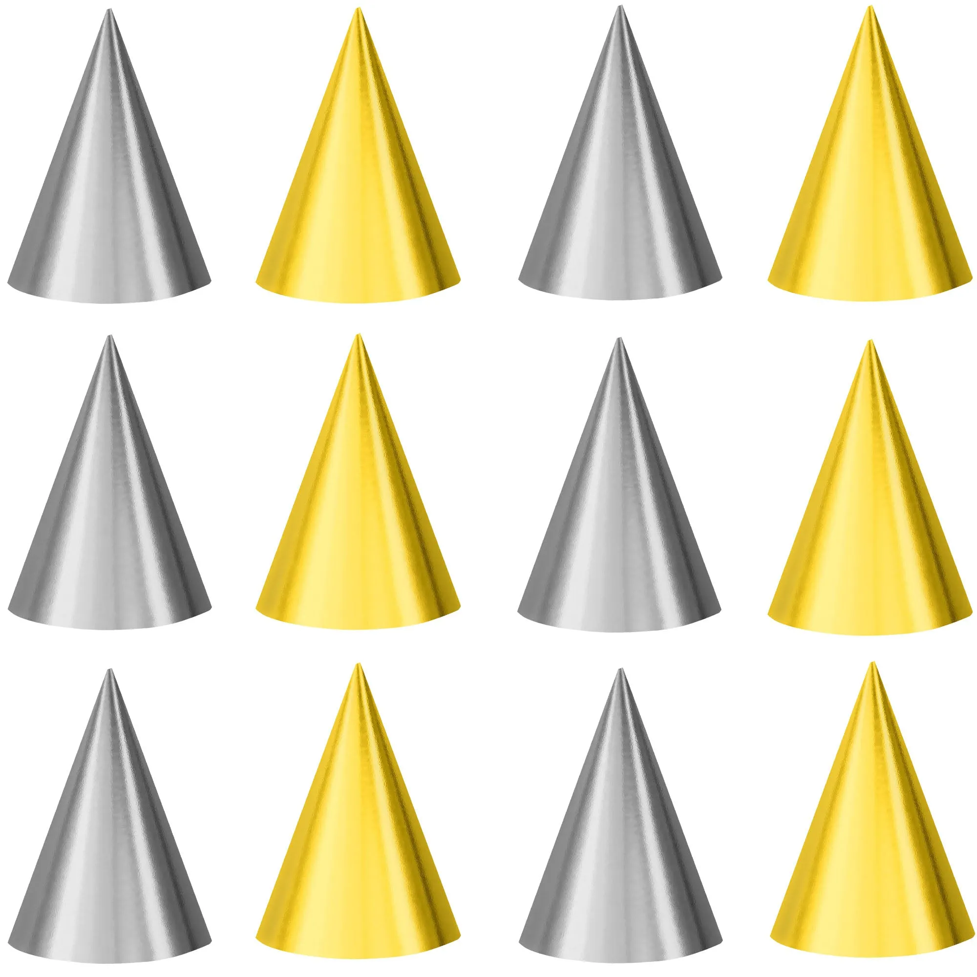 Solid Silver and Gold Foil Cone Party Hat Birthday Accessories, 12 Count