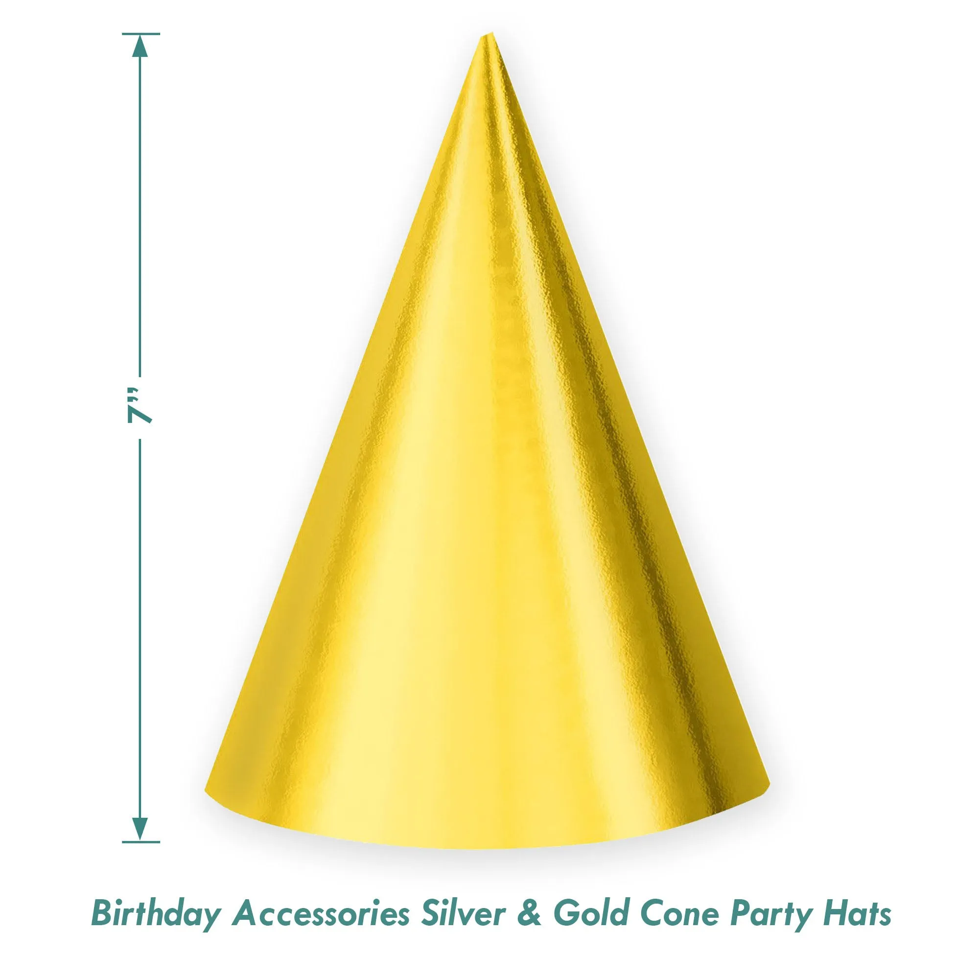 Solid Silver and Gold Foil Cone Party Hat Birthday Accessories, 12 Count