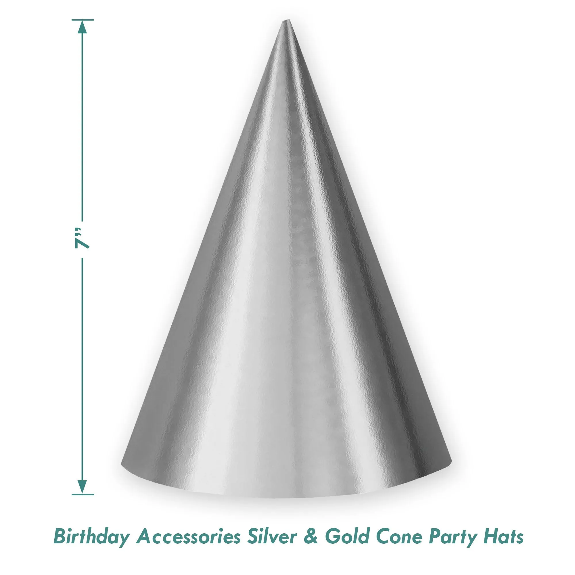 Solid Silver and Gold Foil Cone Party Hat Birthday Accessories, 12 Count
