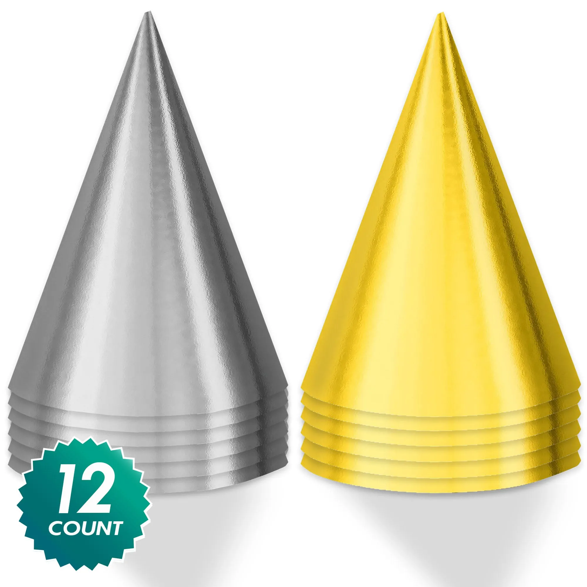 Solid Silver and Gold Foil Cone Party Hat Birthday Accessories, 12 Count