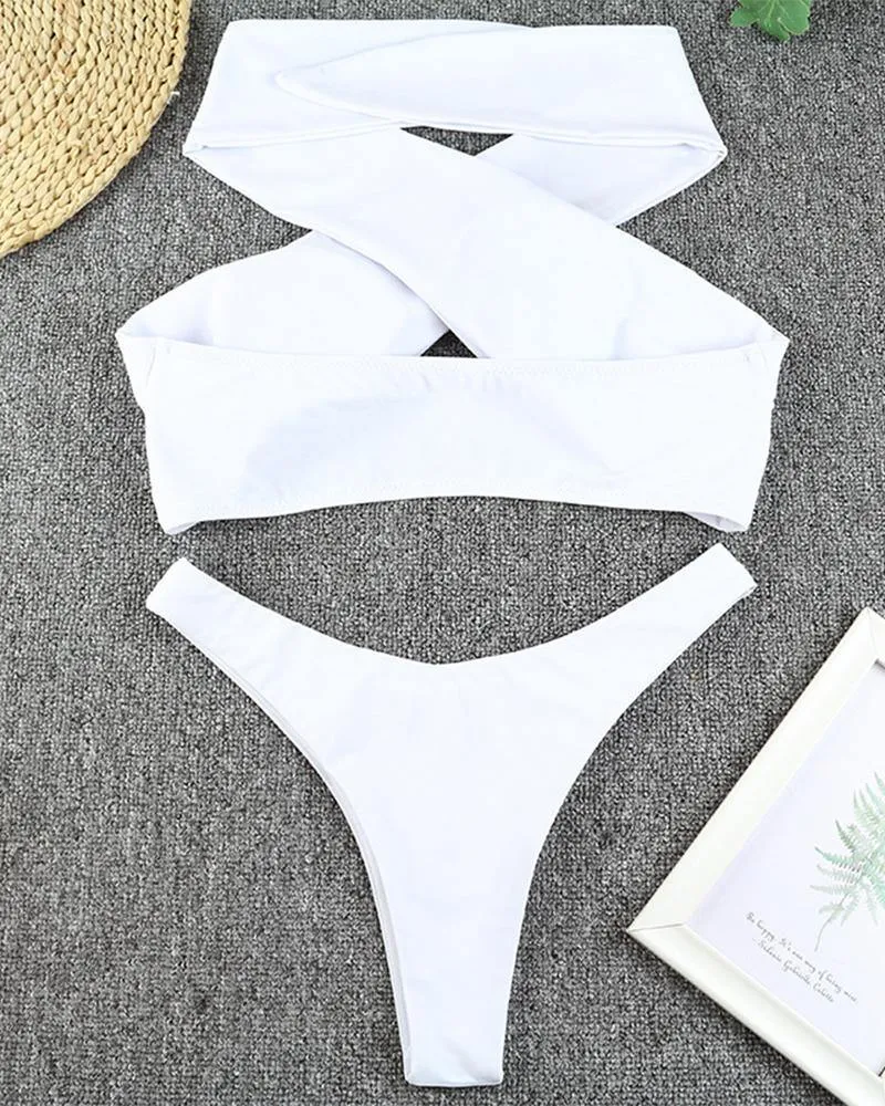 Solid Sleeveless Bra With Panties Bikini Sets