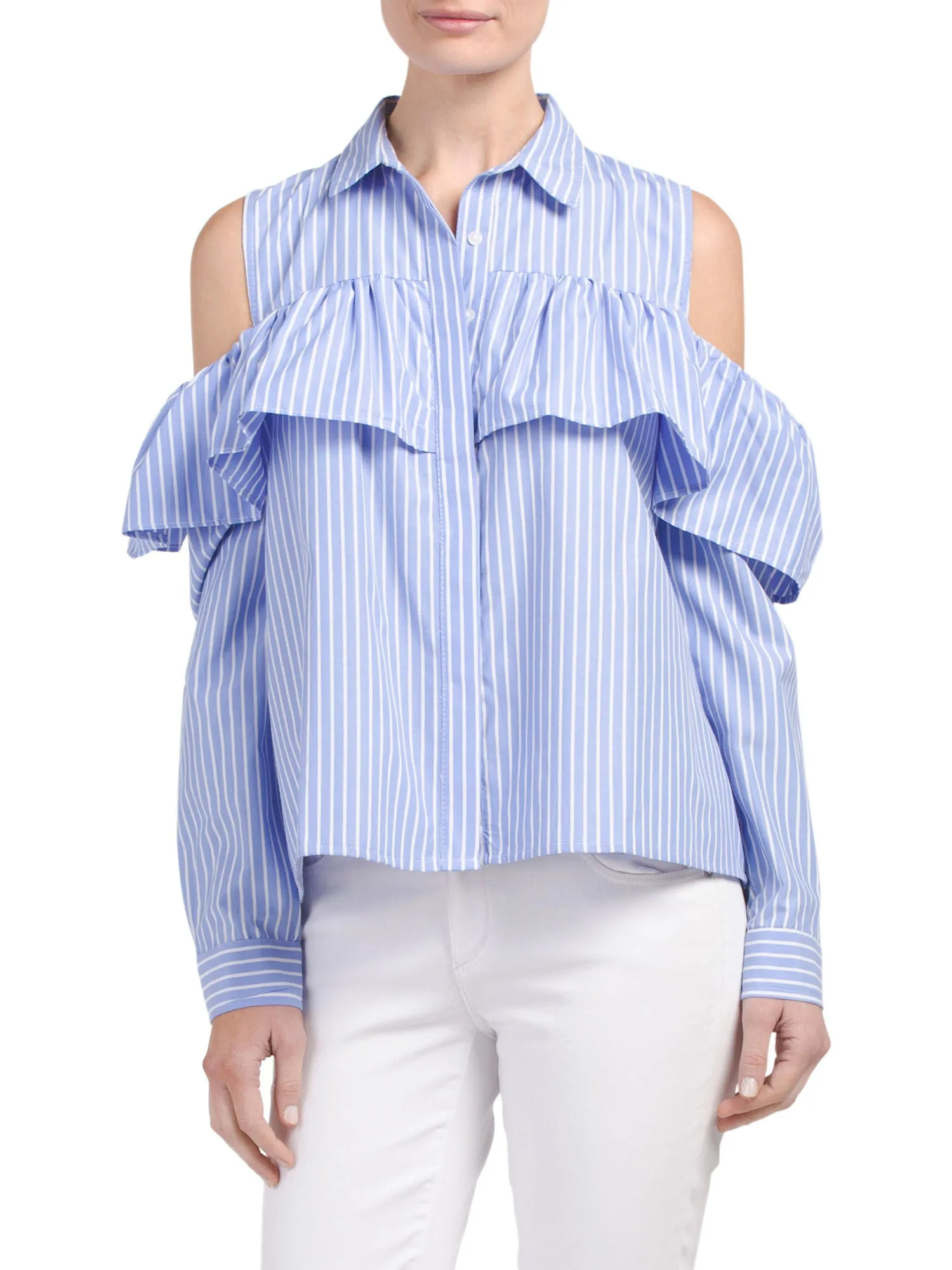 SONG OF STYLE Cold Shoulder Flounce Shirt