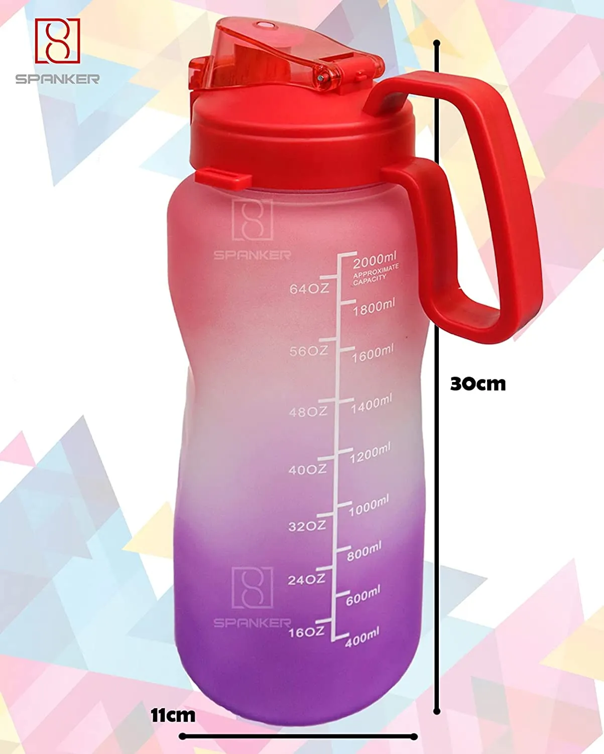 Spanker Ultima Motivational Water Bottle Half Gallon with Handle, Time Marker Large Capacity 2000 ML, Leakproof BPA Free Fitness Sports Water Bottle (Pink Purple) - SSTP