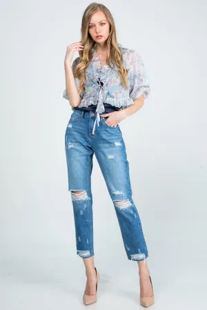 Special A Mid Rise Distressed Mom Jeans