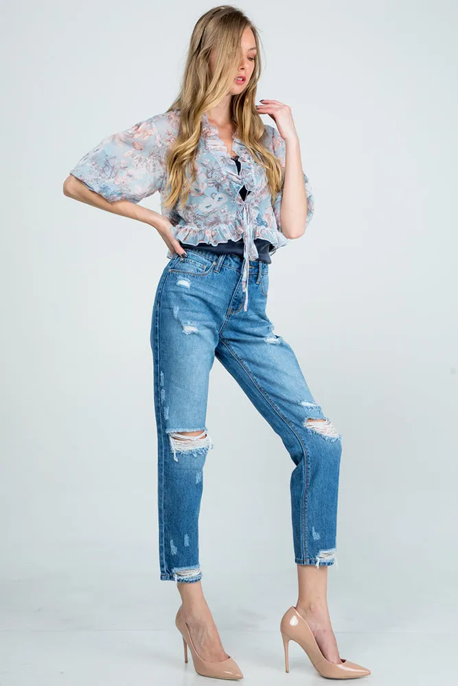 Special A Mid Rise Distressed Mom Jeans