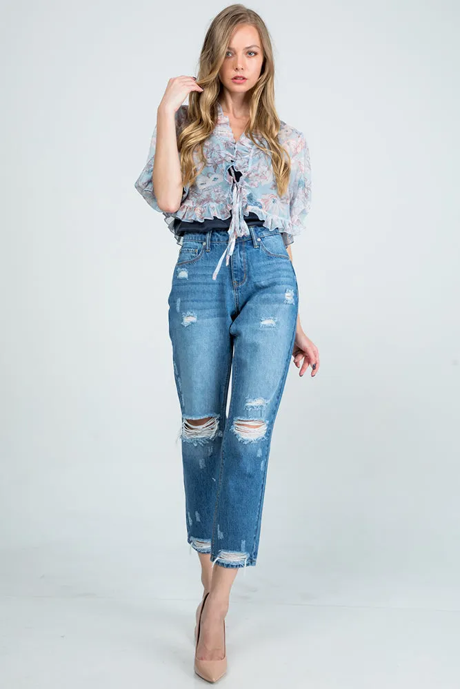 Special A Mid Rise Distressed Mom Jeans