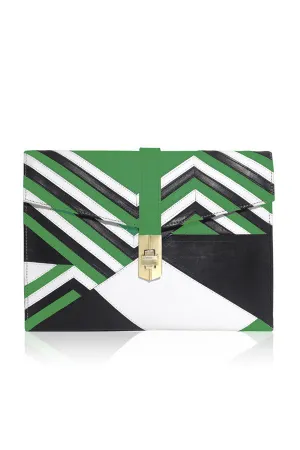 SPORTS LUXE ENVELOPE CLUTCH GREEN/BLACK/WHITE LEATHER APPLIQUE