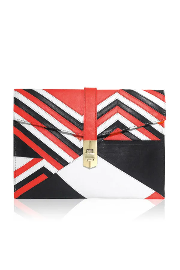 SPORTS LUXE ENVELOPE CLUTCH RED/BLACK/WHITE LEATHER APPLIQUE