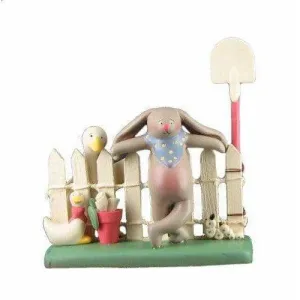Springhaven Lake Figurine Bunny and Goose on a Fence by Russ - Easter and Springtime Decoration or Gift