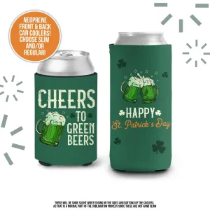 St. Patrick's Day can coolies | cheers to green beers st. pat's day beverage insulators | funny st. patty's day party can coolie MCC-077