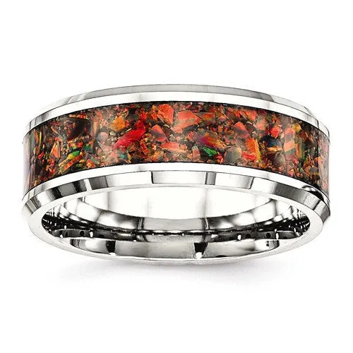 Stainless Steel Polished With Red Opal Inlay 8mm Men's Ring