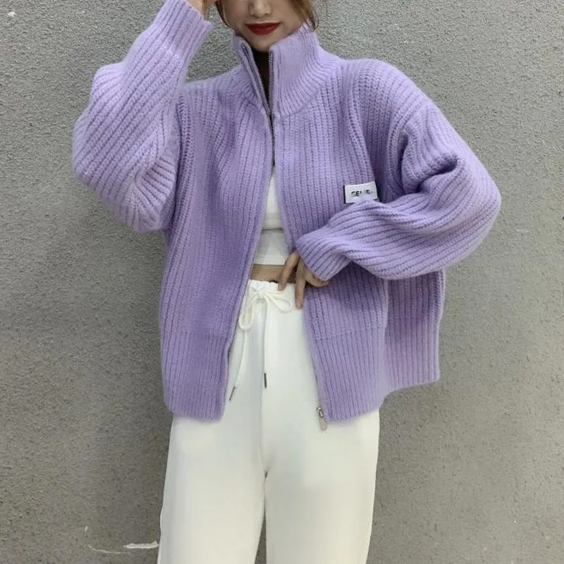 Stand-Up Collar Cropped Cardigan Solid Color Knitted Loose Fit Zipper Lazy Cardigan